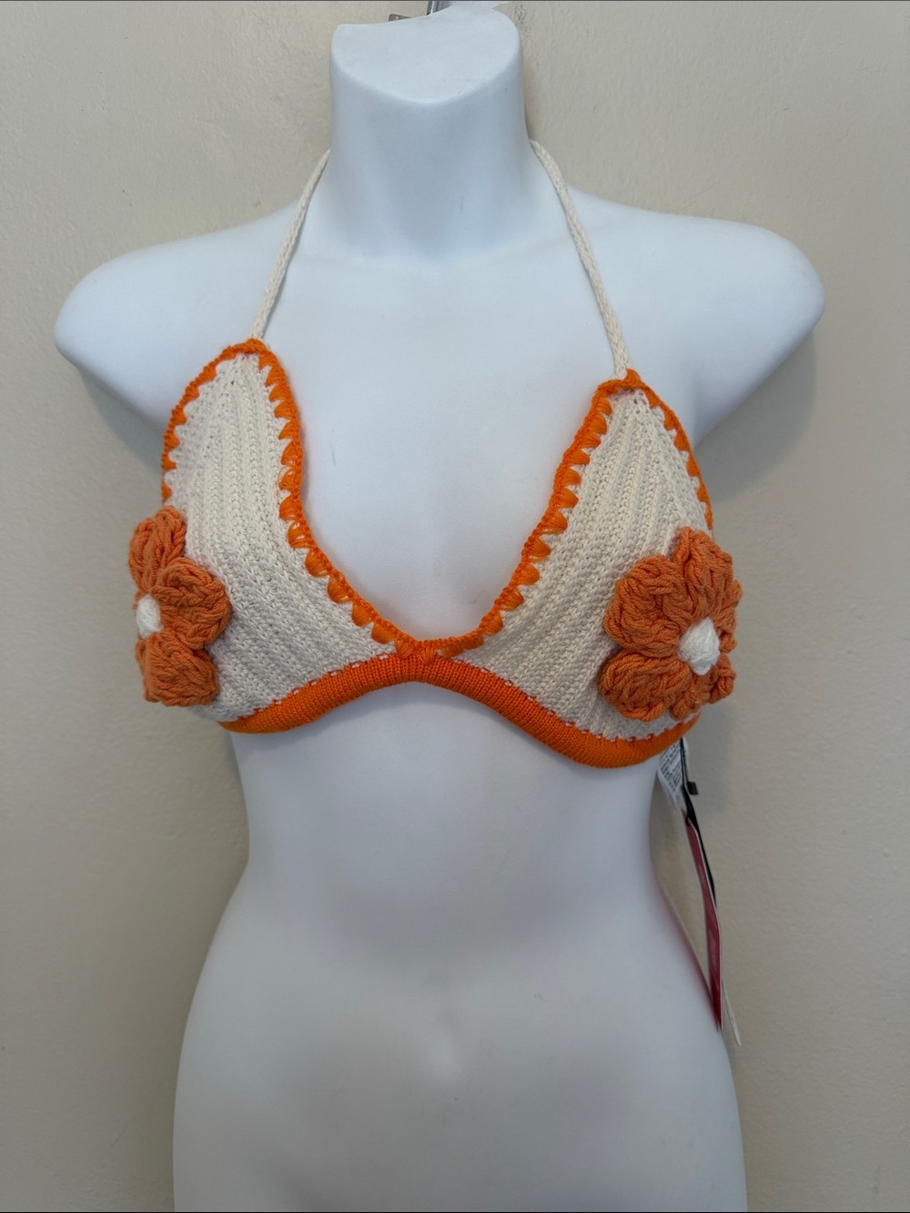 ROMWE Cream and Orange Crochet Floral Halter Bandeau Top
